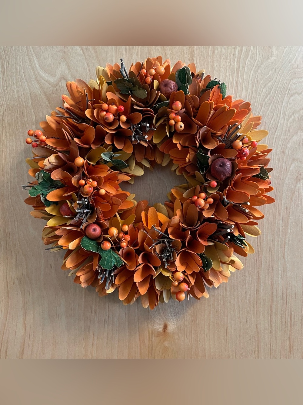 Fall/Halloween/Thanksgiving Carved Wooden Flower/Berry Wreath